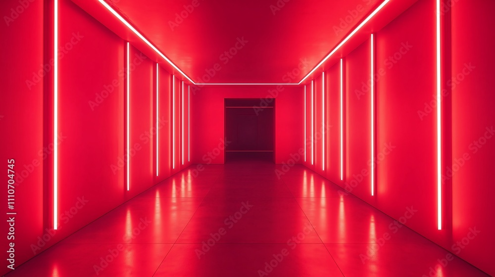 Fototapeta premium Atmospheric Red Interior Featuring Subtle Lighting Effects and Simple Symmetrical Lines for an Elegant Look, 雰囲気ある赤い室内とシンプルな対称ラインが織りなすエレガントな外観と繊細な照明効果.Generative AI