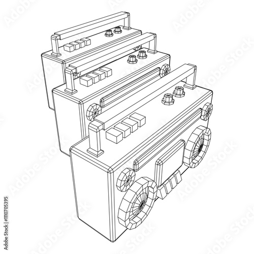 Retro Boombox outdated portable cassette tape recorder. Wireframe low poly mesh vector illustration.