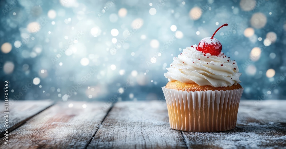 Cupcake on Wooden Table with Winter Background. AI generated illustration. Cupcake on Wooden Table with Winter Background. AI generated illustration.