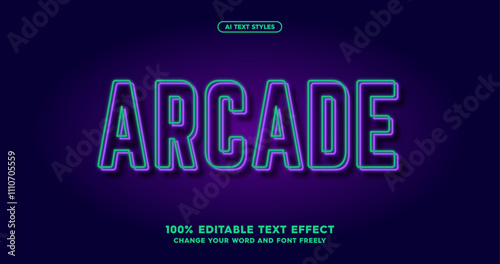 Arcade: Sleek neon text effect with a modern, blurry outline. Perfect for futuristic branding or tech-forward designs. Fully editable vector for endless creative possibilities.