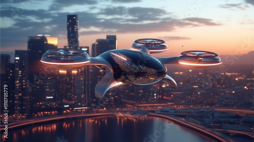 A sci-fi urban setting with advanced technology and innovative architecture set against a dramatic sky.