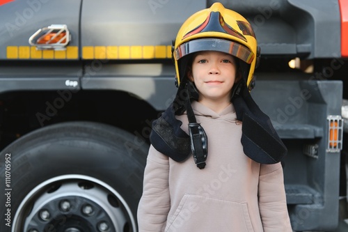 A boy wearing a fireman's helmet near a fire truck. photo