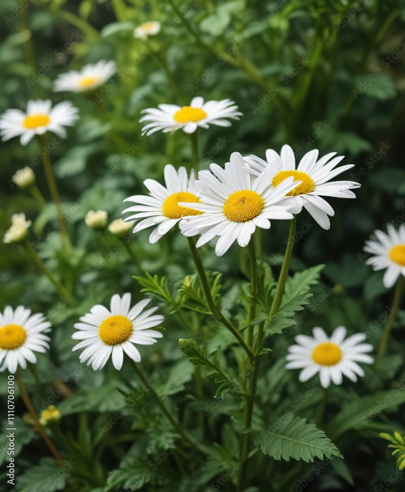 A delicate white and yellow daisy amidst the greenery, peaceful, detail, A delicate white and yellow daisy amidst the greenery, peaceful, detail,