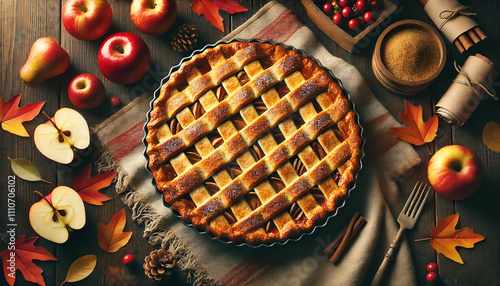 A freshly baked apple pie with a lattice crust on a wooden table
