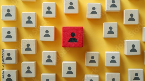 Minimalist red and white wooden cubes with a people icon on a pastel yellow background, a focused shot of the target customer group or worker team concept.