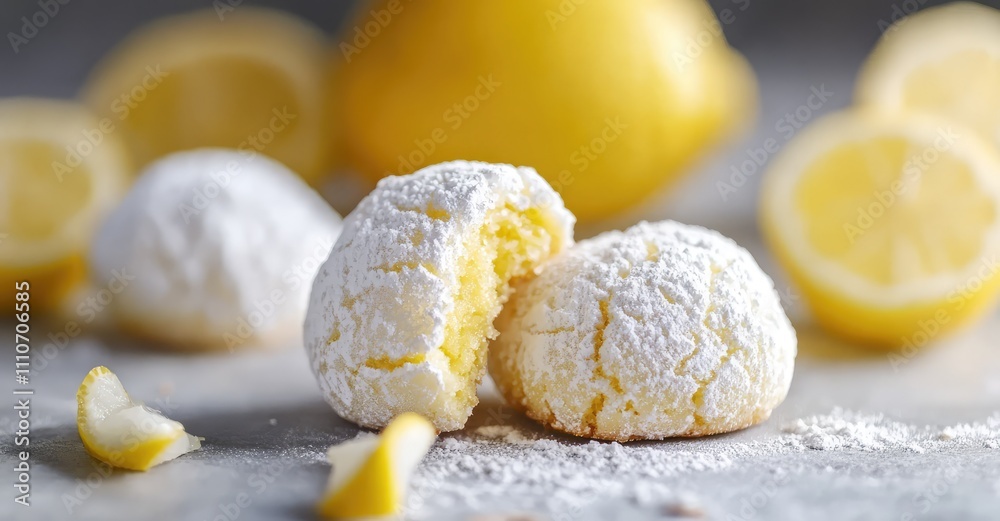 Crispy Lemon Crinkle Cookies Coated with Powdered Sugar. AI generated illustration. Crispy Lemon Crinkle Cookies Coated with Powdered Sugar. AI generated illustration.