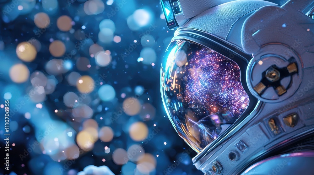 Galaxy outer space party Astronaut helmet reflecting a colorful galaxy amidst a backdrop of sparkling lights.