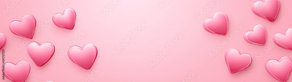 A pink background with hearts in the middle, a simple pattern of cartoon-style hearts arranged horizontally along one side, designed for Valentine's Day decoration or as an elegant border.