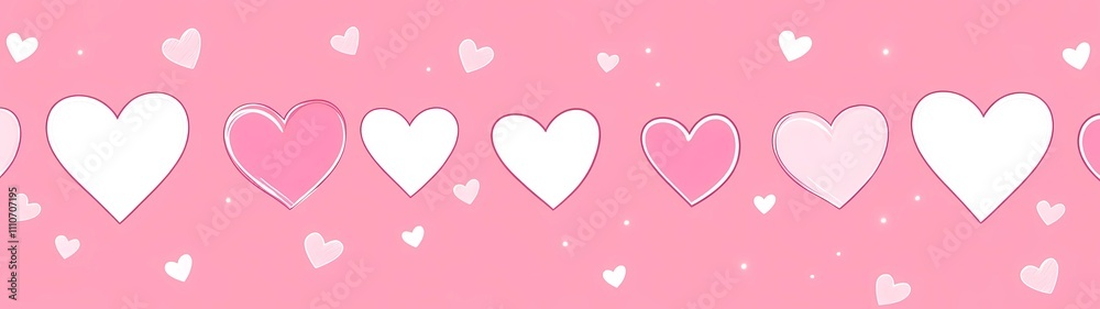 A pink background with hearts in the middle, a simple pattern of cartoon-style hearts arranged horizontally along one side, designed for Valentine's Day decoration or as an elegant border.