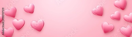 A pink background with hearts in the middle, a simple pattern of cartoon-style hearts arranged horizontally along one side, designed for Valentine's Day decoration or as an elegant border. 