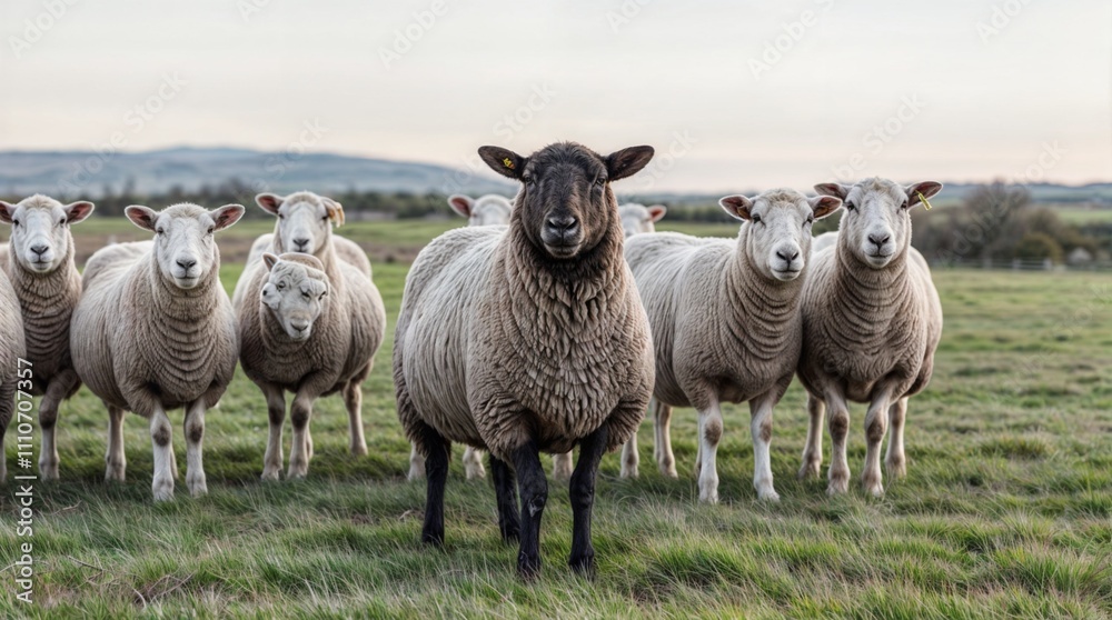 A black sheep surround with normal white sheep A black sheep surround with normal white sheep