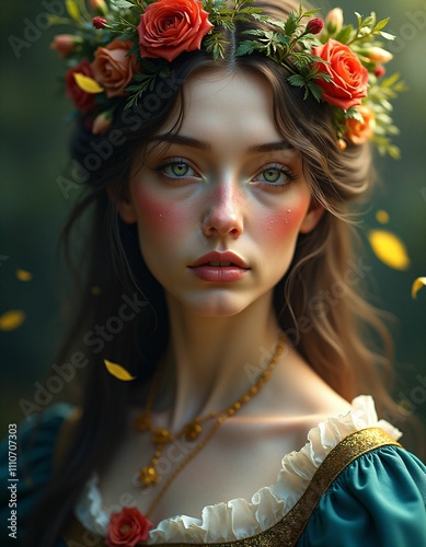 a mystical, spiritual, spiritual, spiritual, psychic woman from the seventeen hundred years with smooth facial features, shimmering red purple yellow green blue white colors, small green leaves blowin photo