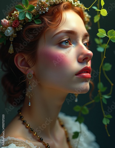 a mystical, spiritual, spiritual, spiritual, psychic woman from the seventeen hundred years with smooth facial features, shimmering red purple yellow green blue white colors, small green leaves blowin photo