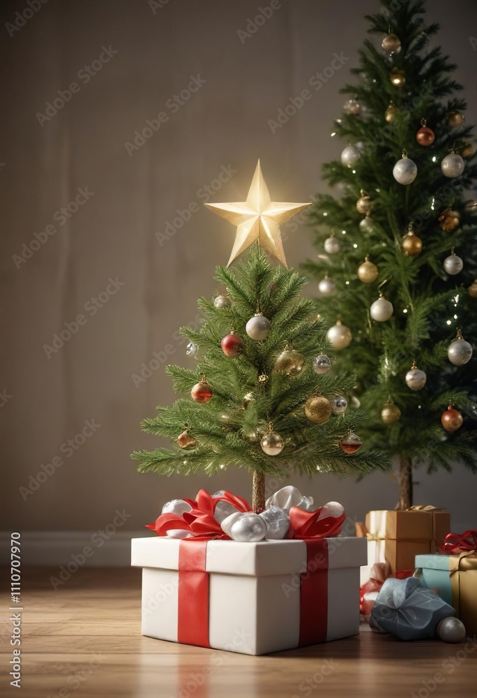 A lovely Christmas tree decorated with ornaments and a shining star emerging from an open gift box on its branch, ornaments, festive decoration, holiday centerpiece