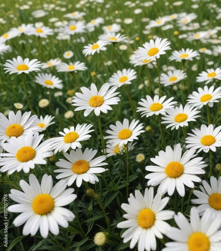 A lush field of white and yellow daisies swaying gently in the breeze , serene, nature