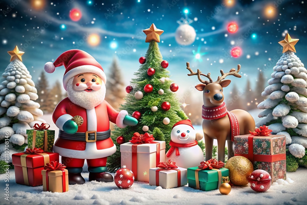 Festive Christmas Elements Featuring Santa Claus, Gift Boxes, Candy Canes, Bells, Christmas Trees, Snowmen, and Reindeer Amidst a Snowy Wonderland Festive Christmas Elements Featuring Santa Claus, Gift Boxes, Candy Canes, Bells, Christmas Trees, Snowmen, and Reindeer Amidst a Snowy Wonderland