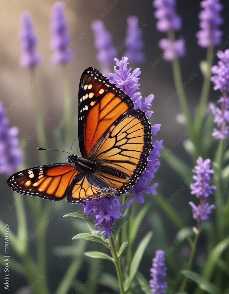 A monarch butterfly rests on a lavender violet flower's petals, insect, insect A monarch butterfly rests on a lavender violet flower's petals, insect, insect