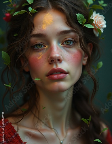 a mystical, spiritual, spiritual, spiritual, psychic woman from the seventeen hundred years with smooth facial features, shimmering red purple yellow green blue white colors, small green leaves blowin photo