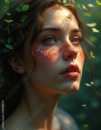 a mystical, spiritual, spiritual, spiritual, psychic woman from the seventeen hundred years with smooth facial features, shimmering red purple yellow green blue white colors, small green leaves blowin photo