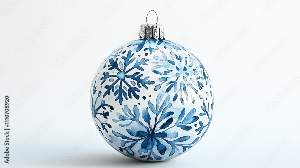 Watercolor Christmas bauble with intricate snowflake patterns, painted in soft blues and whites on white Watercolor Christmas bauble with intricate snowflake patterns, painted in soft blues and whites on white
