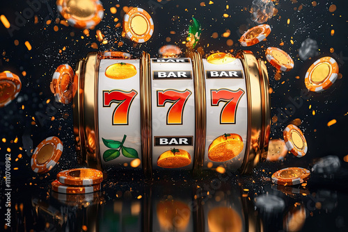 Vibrant slot machine with spinning reels and coins