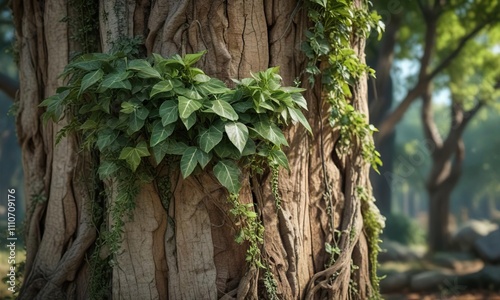 Cissus quadrangularis vines wrapped around a tree trunk, woodland, forest photo