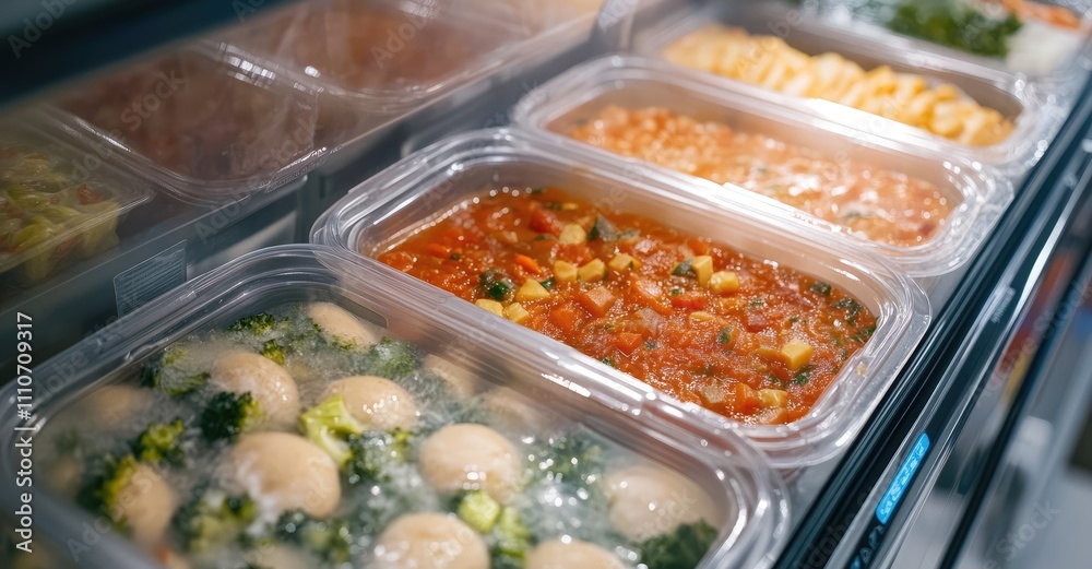 Frozen Food in the Freezer: Soup, Vegetables, and Ready Meals. AI generated illustration. Frozen Food in the Freezer: Soup, Vegetables, and Ready Meals. AI generated illustration.