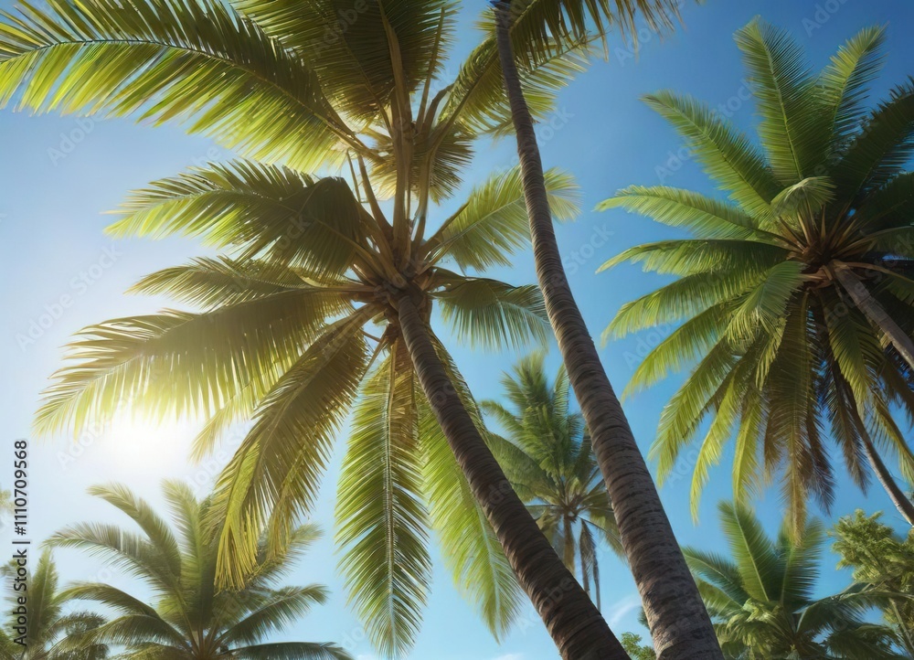 Fototapeta premium Coconut palm tree with a strong trunk and vibrant leaves against the clear blue sky with sun shining brightly, lush foliage, mature palm