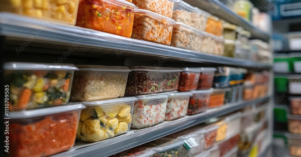 Fototapeta premium Frozen Food in the Freezer: Soup, Vegetables, and Ready Meals. AI generated illustration.