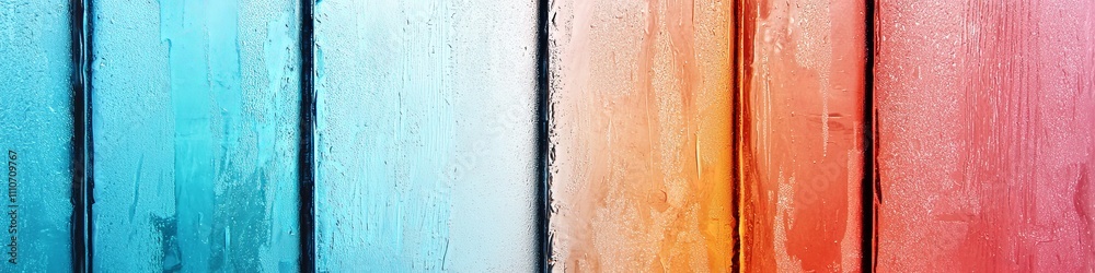 Fototapeta premium A vibrant gradient of colors on wooden planks, showcasing refreshing hues from blue to orange.