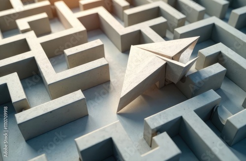 Maze concept. Overcoming the barriers. Conquering the obstacles. Way to success and business solutions. Exit strategy. Paper plane breaking through the maze on business office background. 