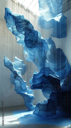Blue Fabric Sculptures Hanging Over Blue Pool