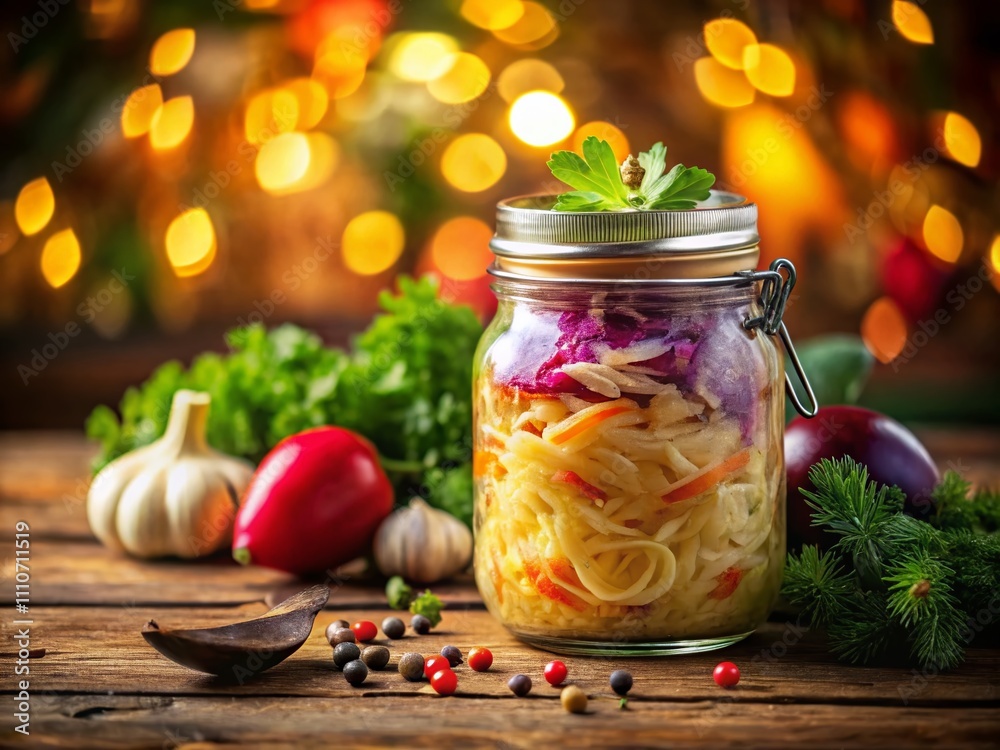 Fresh Salad Sauerkraut in a Glass Jar on a Rustic Table with Bokeh Effect for a Vibrant Culinary Aesthetic Fresh Salad Sauerkraut in a Glass Jar on a Rustic Table with Bokeh Effect for a Vibrant Culinary Aesthetic