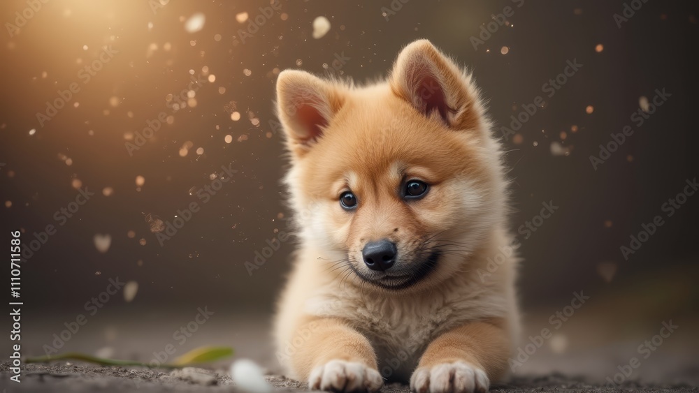 A small brown dog laying on the ground looking at the camera