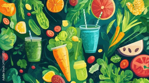 Vibrant Vegetarian Restaurant Poster Featuring Fresh Juices and Fruits photo