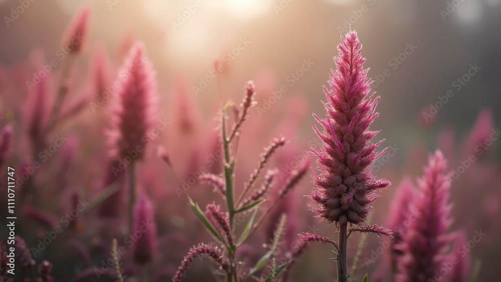 Obraz premium A field of pink flowers with the sun setting in the background