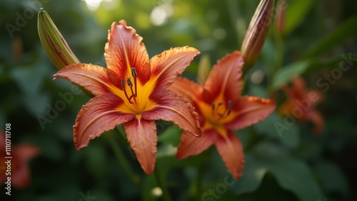 A close up of two orange flowers in a garden