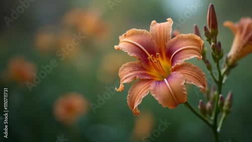 A single orange flower in the middle of a field of flowers