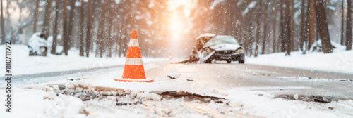 Orange traffic cone in foreground on snowy road with car accident, concept of safety on the winter roads