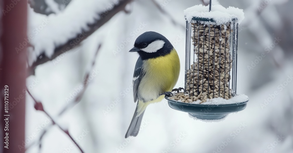 Naklejka premium Great Tit Eating Seeds from a Bird Feeder in Winter Garden. AI generated illustration.