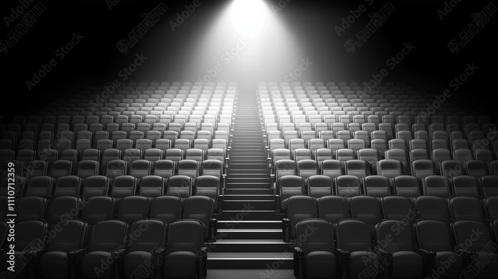 Obraz premium Empty movie theater with spotlight casting a solitary beam on the stage, symbolizing the power of imagination and the potential for new beginnings in a quiet, reflective space