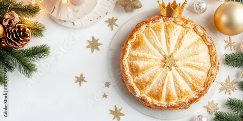 Three kings holiday festive cake topped with golden paper crown on a table, background