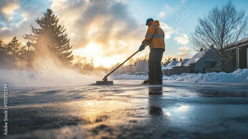 Image of a man with professional deicing a parking lot in winter photo