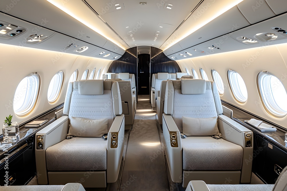 Sophisticated private airplane cabin with clean lines and modern finishes. Spacious and luxurious design with plush seating for a high-end in-flight experience. Sophisticated private airplane cabin with clean lines and modern finishes. Spacious and luxurious design with plush seating for a high-end in-flight experience.
