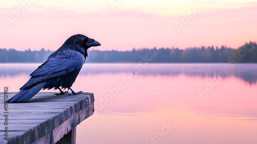 Black raven resting on the edge of a wooden pier overlooking a calm lake, sky tinged with pink sunset hues photo