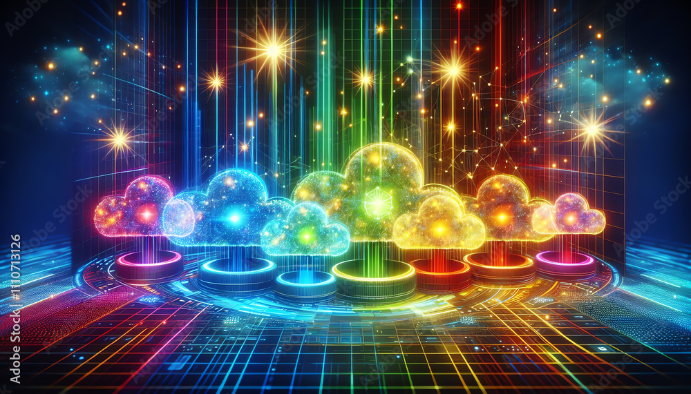 Obraz premium A 3D futuristic representation of Cloud Economics in cloud computing technology