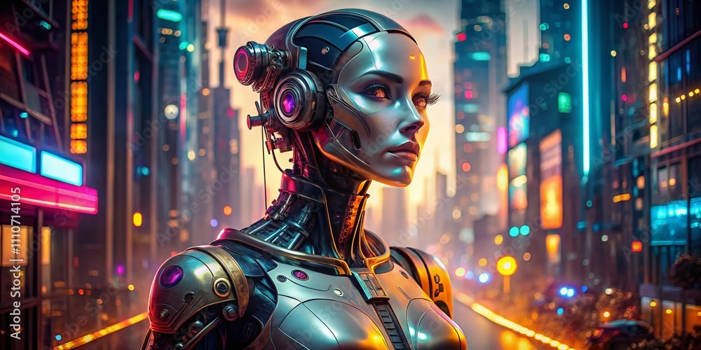 Futuristic Portrait of a Robot Woman in a High-Tech Environment, Blending Human Features with Advanced Robotics, Showcasing Emotion and Intelligence in a Stunning Visual Display