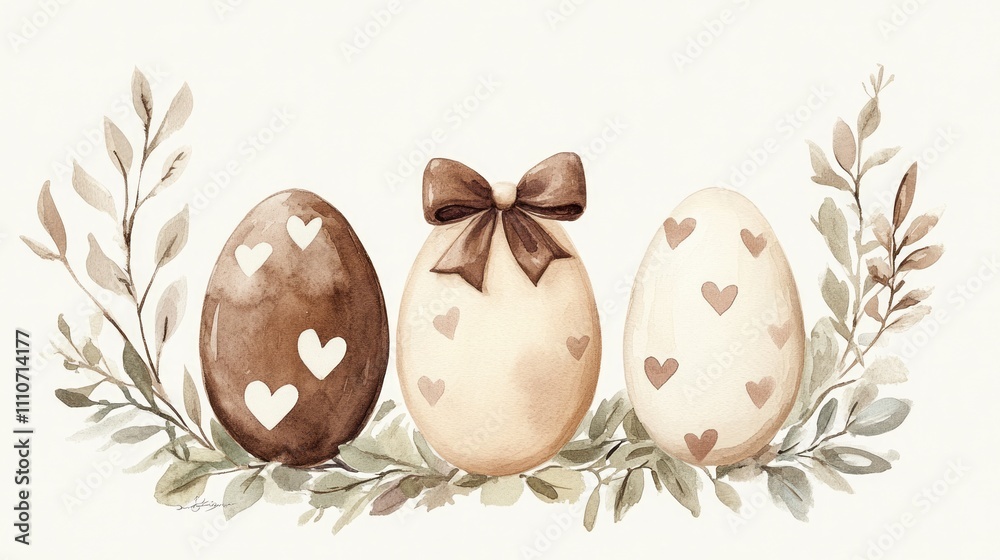 Obraz premium Watercolor painting of chocolate Easter eggs with bows and hearts surrounded by greenery, three eggs composition, neutral colors of beige, brown and white, simple style