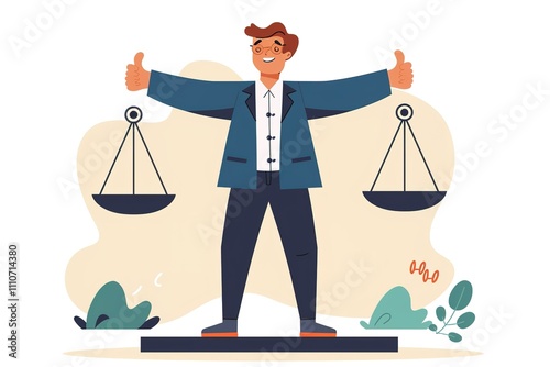A man is standing in front of two scales, one of which is tipped