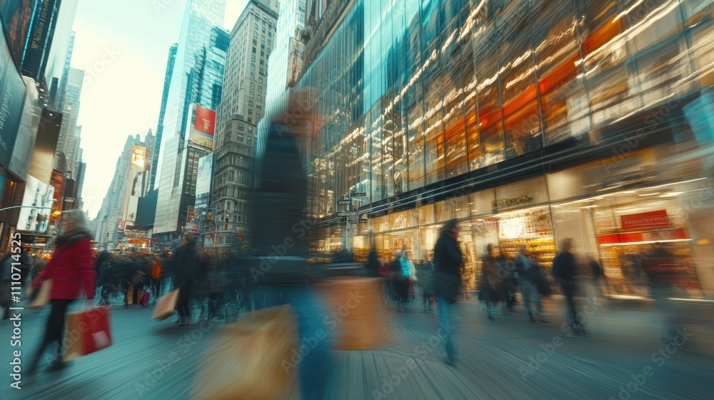 Motion blurred shopper with shopping bags walking in shopping mall in big city street. Motion blurred shopper with shopping bags walking in shopping mall in big city street.